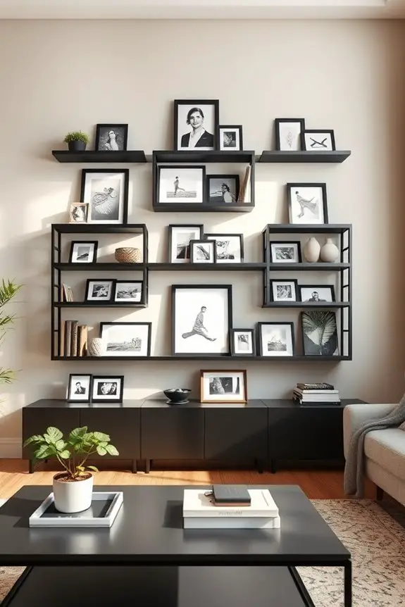 chic black shelves display photos