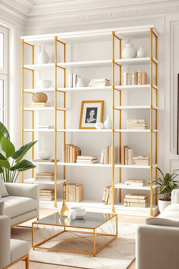 chic gold and white bookshelves