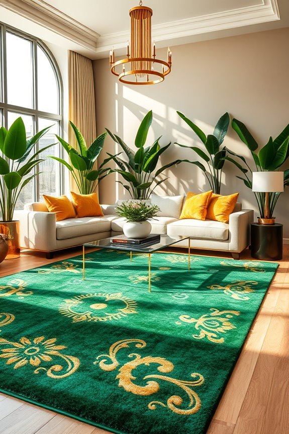 chic green and gold rugs