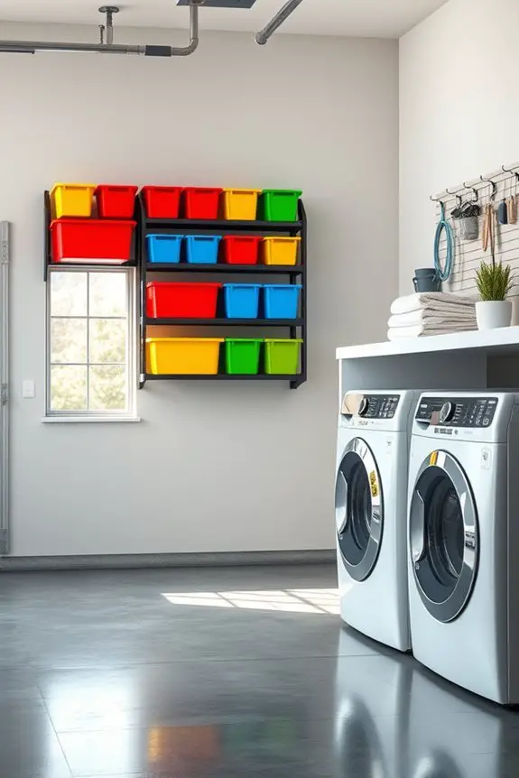 color coded laundry organization bins