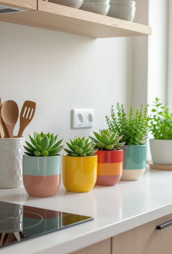 colored potted plants arrangement