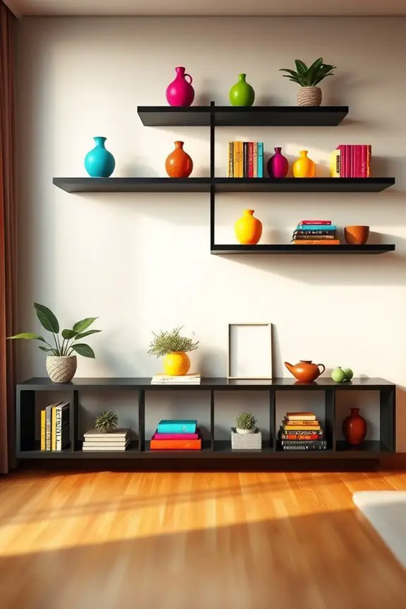 colorful decor on shelves