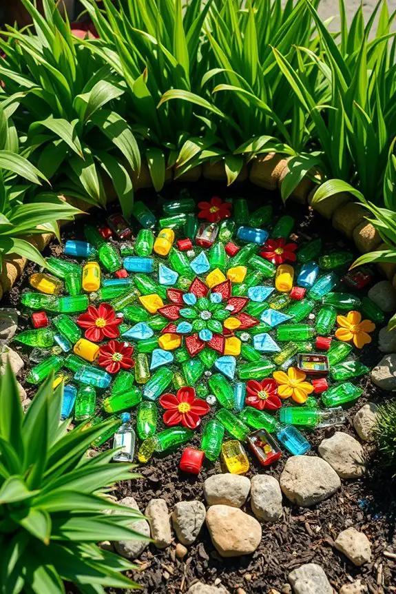 colorful garden bottle mosaics
