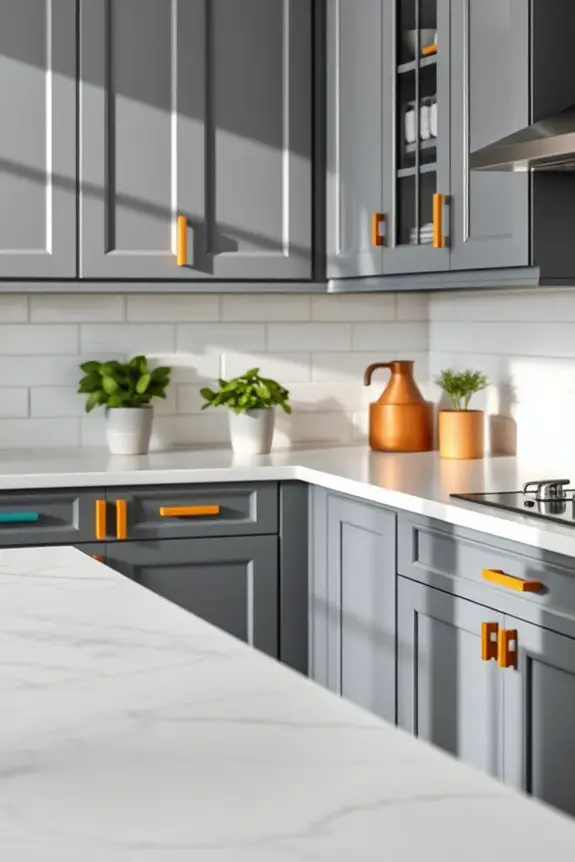 colorful handles on grey cabinets