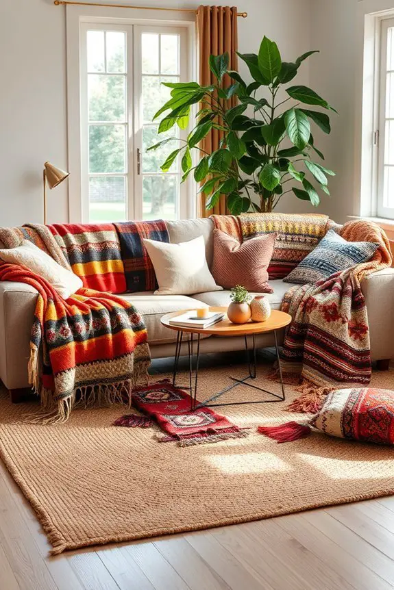 colorful throw blanket layering