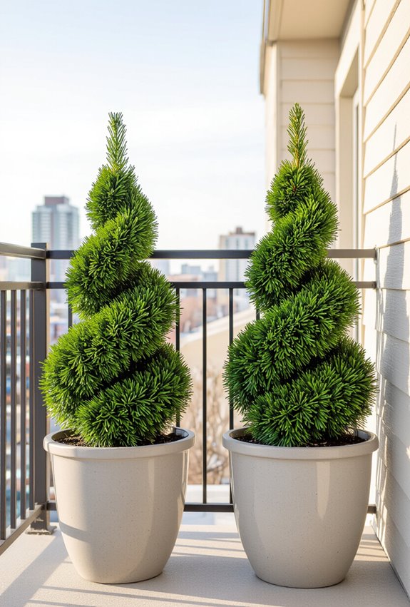 compact evergreen topiary planters