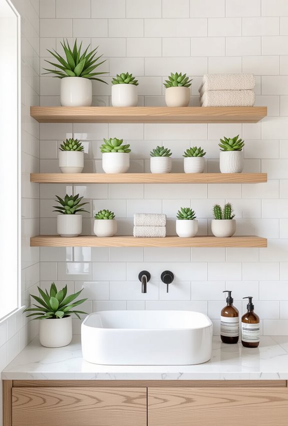 compact succulents on shelves