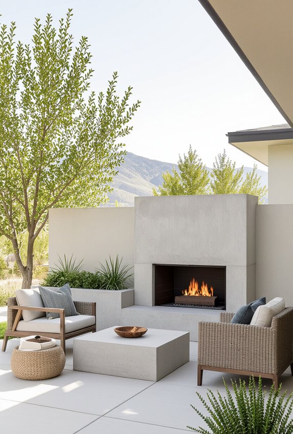 concrete fireplace with planters
