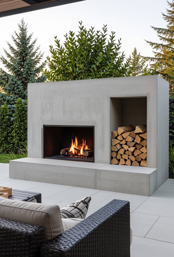 concrete fireplace with storage