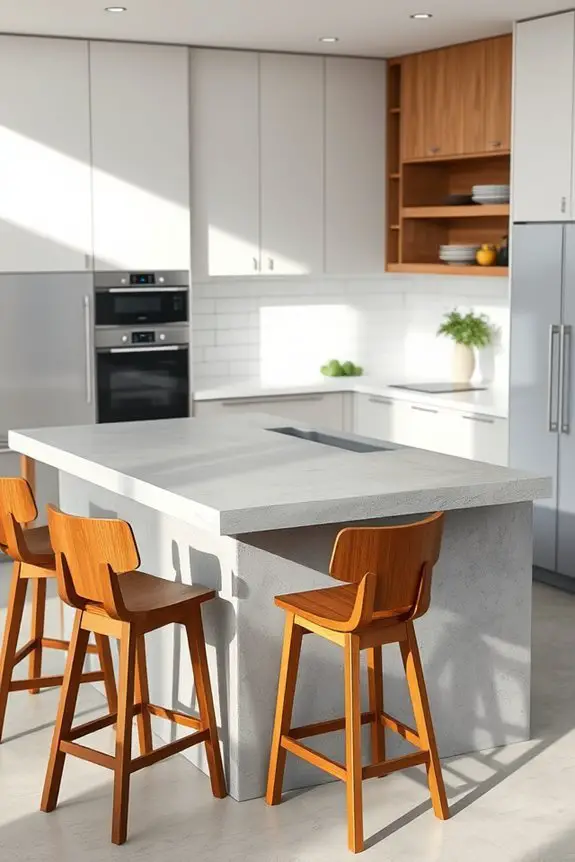 concrete island wooden stools