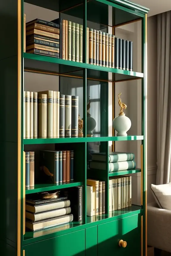 contemporary green gold bookshelves