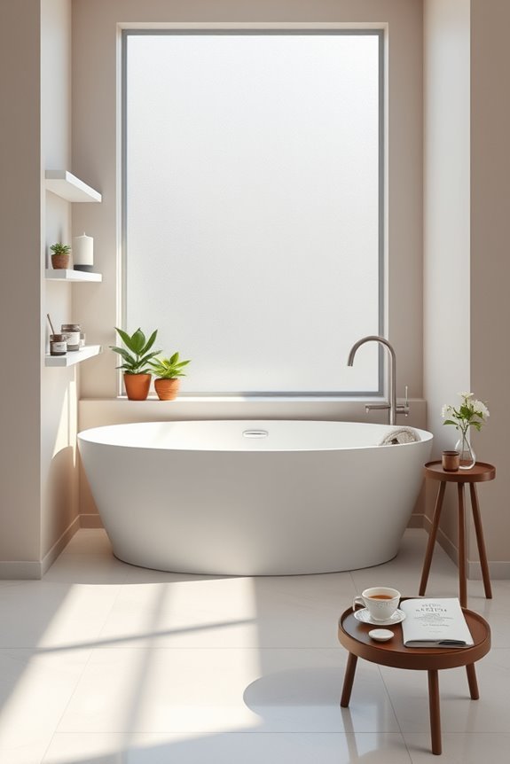 convenient built in bathtub shelving