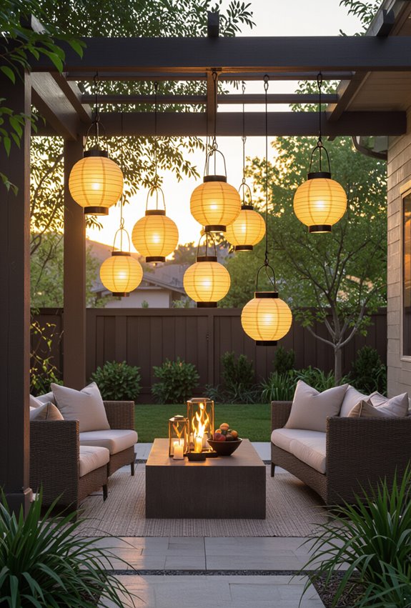 copper lanterns at varying heights
