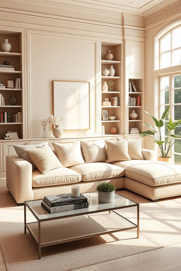 cozy beige built in bookcases