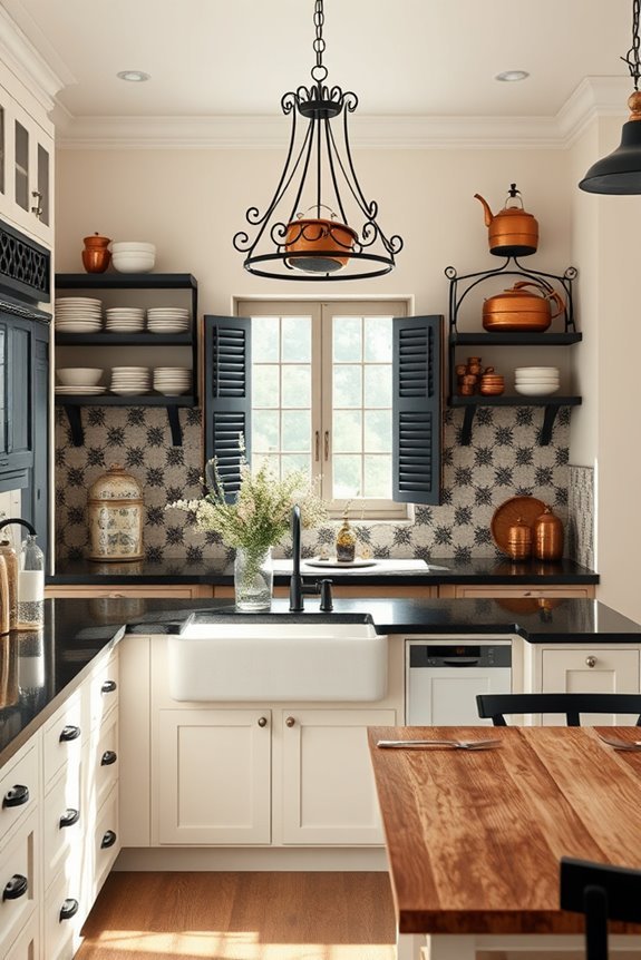 cozy black cream farmhouse kitchen