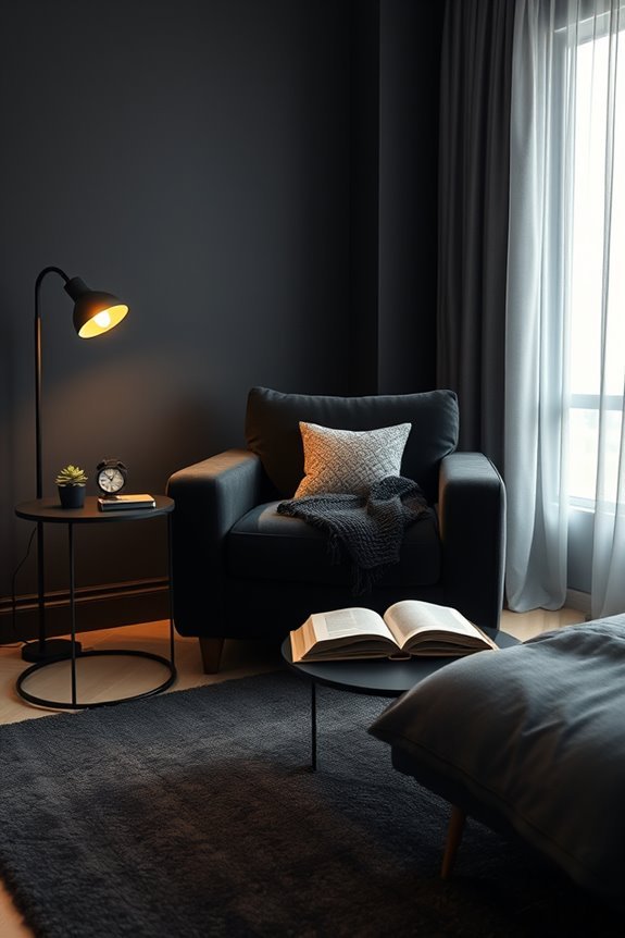 cozy black reading nook