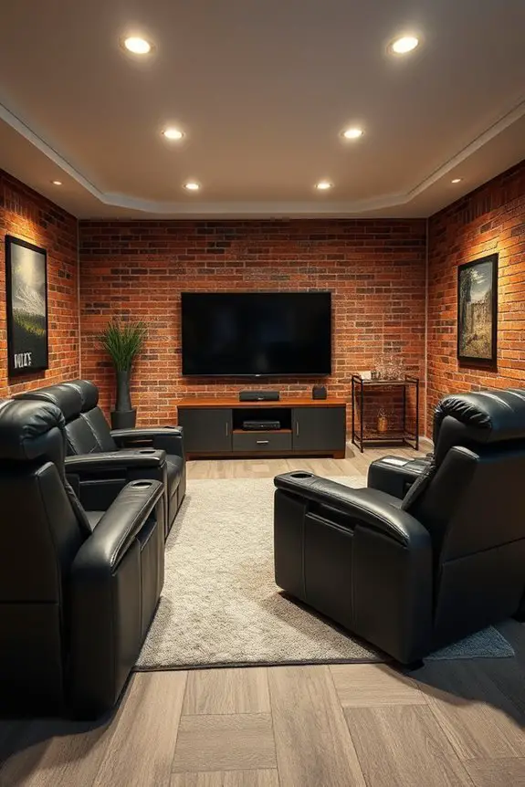 cozy brick accented home theater