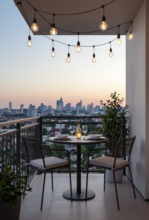 cozy string lit balcony bistro