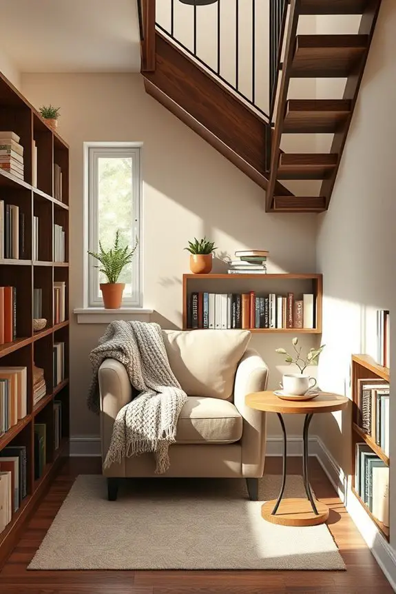 cozy under stair library nook
