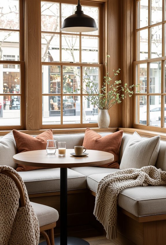 cozy upholstered banquettes with storage