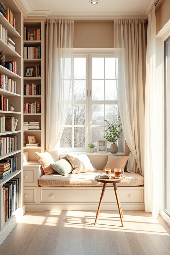 cozy window seat bookshelves