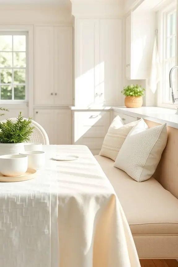 cream and white textiles