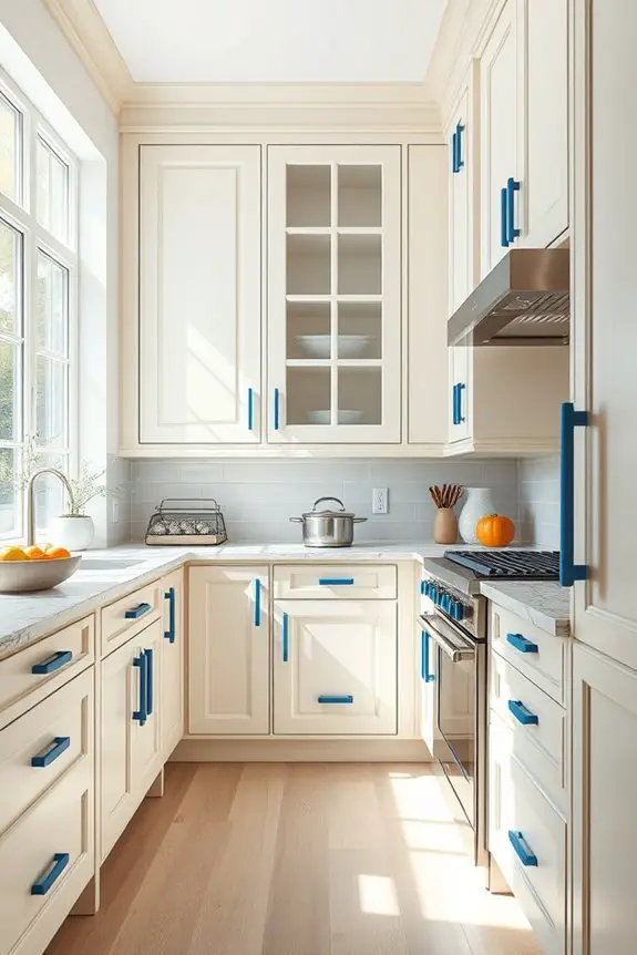 cream cabinets blue hardware