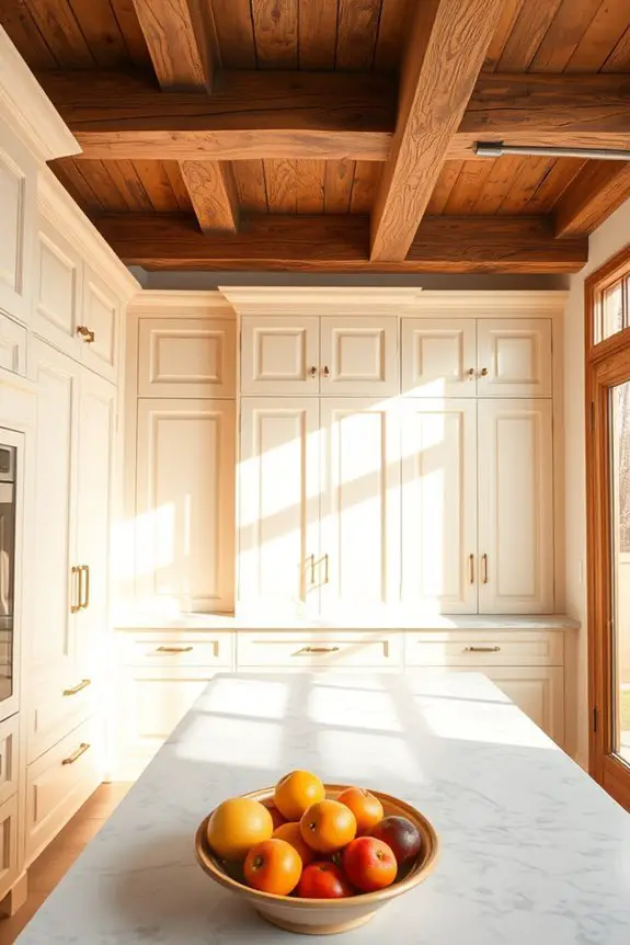 cream cabinets rustic beams