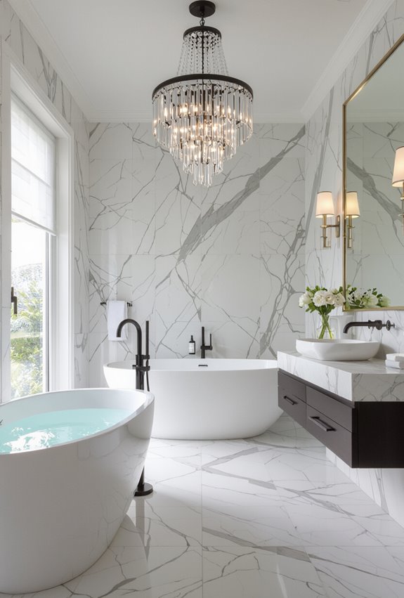crystal chandelier above tub