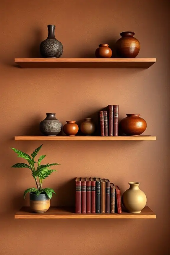 curated brown shelf decor