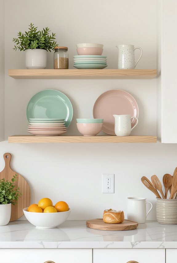 curated pastel open shelving