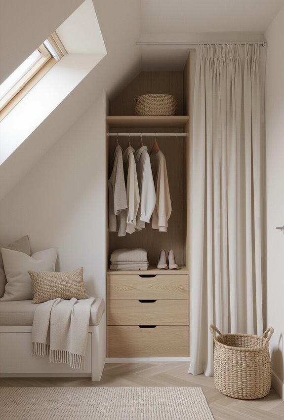 curtained wardrobe alcove with tiebacks