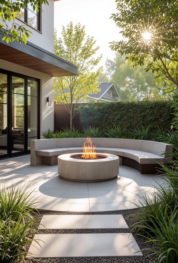curved bench surrounding firepit