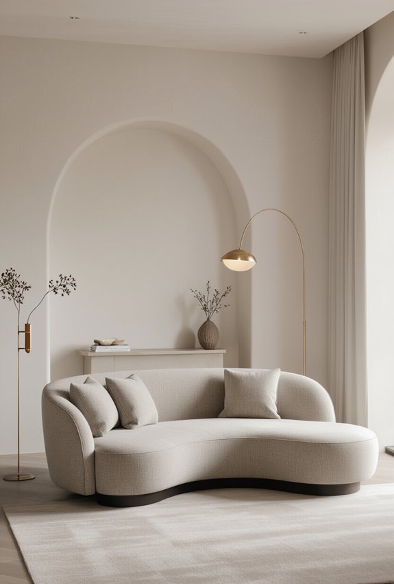 curved sofa neutral with accent