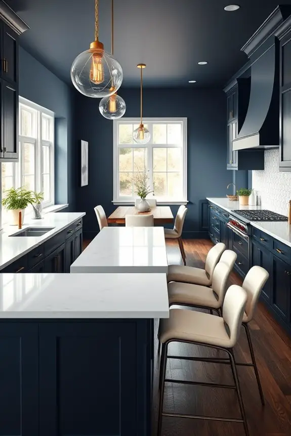 dark blue open concept kitchen