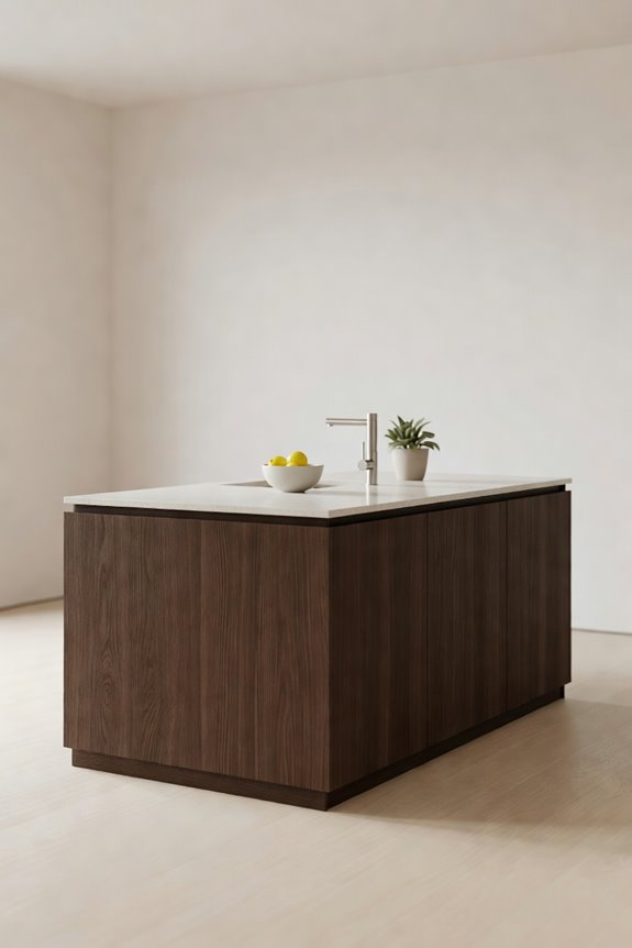 dark brown base light countertop