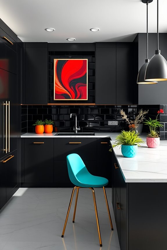 dark kitchen colorful accents