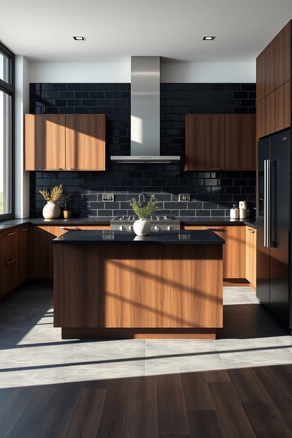 dark tiles warm wood