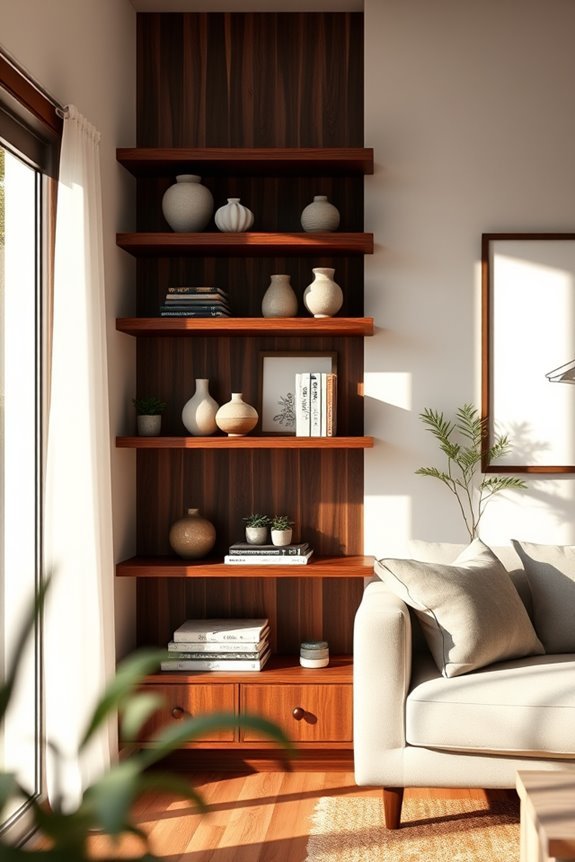 dark wood shelving versatility