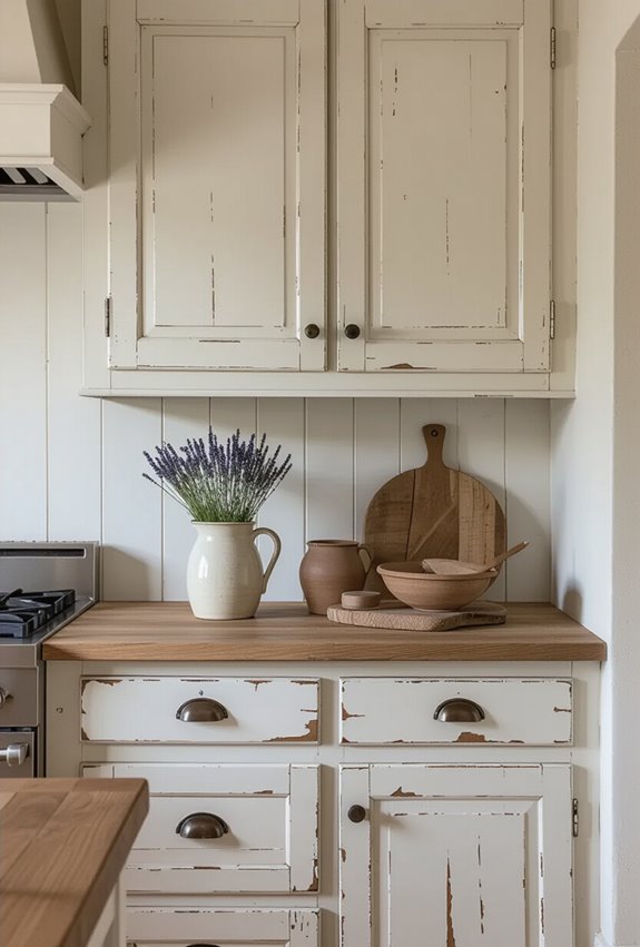 distressed creamy farmhouse cabinet warmth