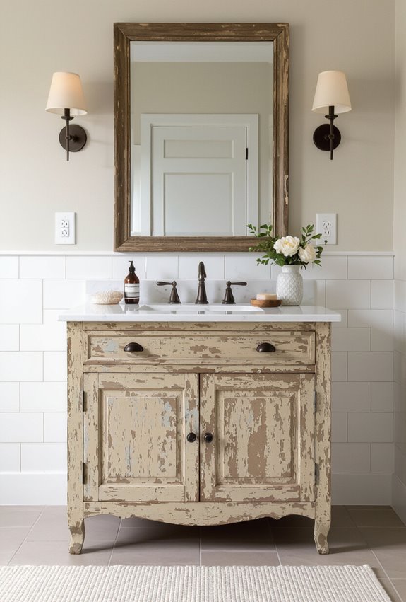 distressed layered antique bathroom cabinetry