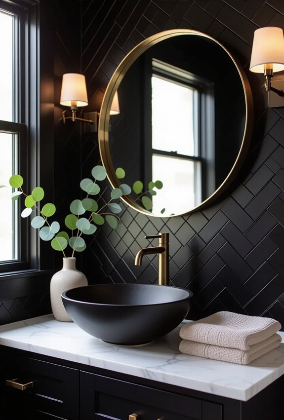 dramatic compact monochrome powder room