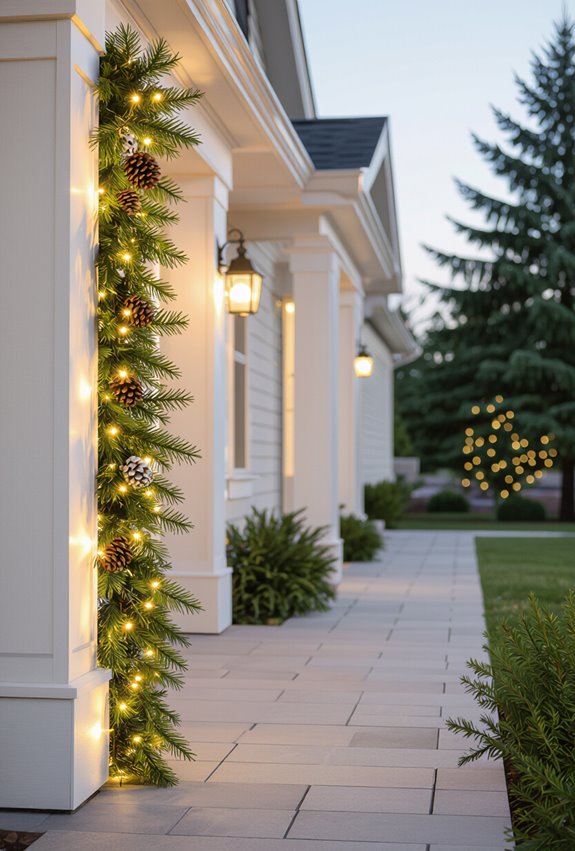 draped evergreen garlands on posts