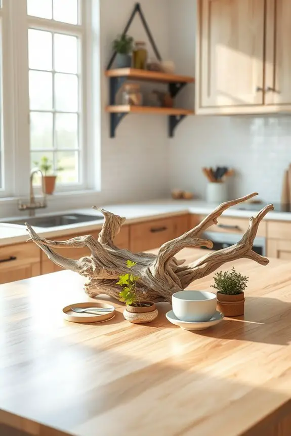 driftwood accents enhance kitchens