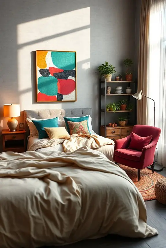 eclectic bedroom with vibrant accents