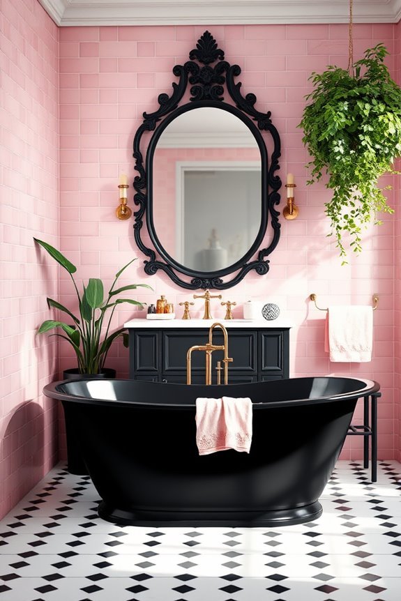 eclectic black pink bathroom design