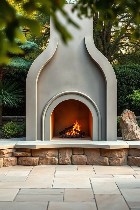elegant arched concrete fireplace