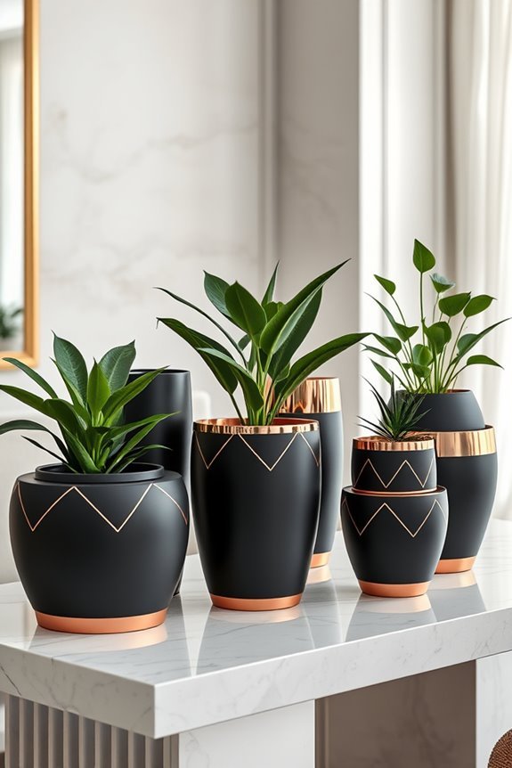 elegant black and rose gold planters