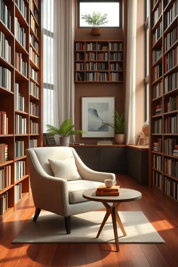 elegant workspace with bookshelves