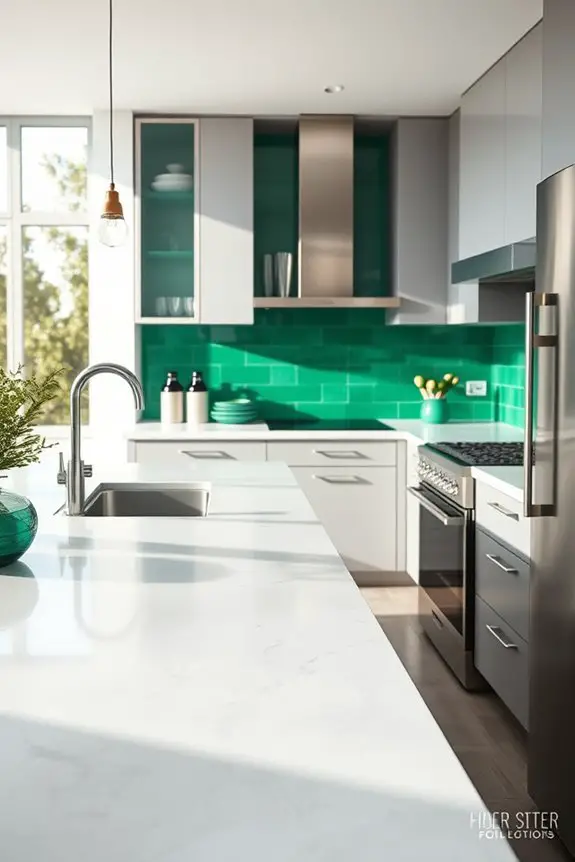 emerald accents enhance grey